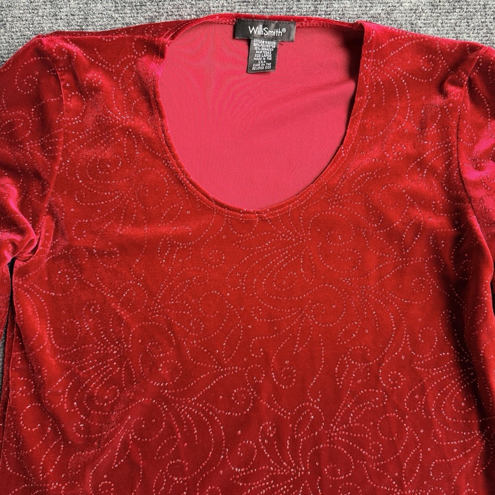 Vintage Red Velvet Long Sleeve Scoop Neck Top Glitter Swirls Women's Size Lg - Picture 2 of 8